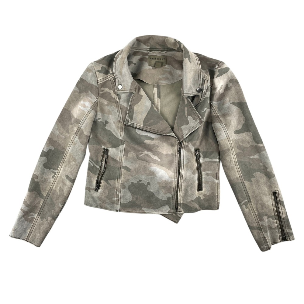 Marrakech Jacket Womens M Green Gray Camo Moto Asymmetrical Zip‎ Pockets Casual